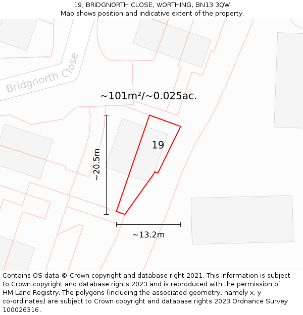 19, BRIDGNORTH CLOSE, WORTHING, BN13 3QW: Plot and title map
