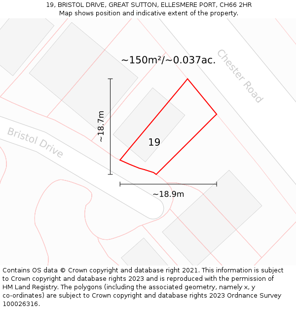 19, BRISTOL DRIVE, GREAT SUTTON, ELLESMERE PORT, CH66 2HR: Plot and title map