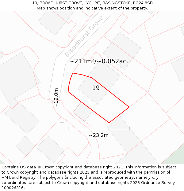 19, BROADHURST GROVE, LYCHPIT, BASINGSTOKE, RG24 8SB: Plot and title map