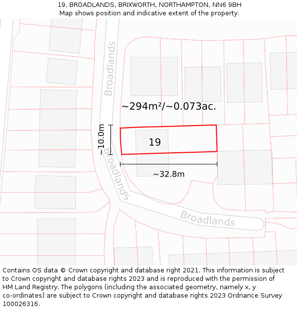 19, BROADLANDS, BRIXWORTH, NORTHAMPTON, NN6 9BH: Plot and title map