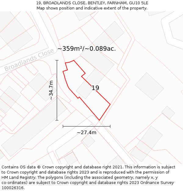 19, BROADLANDS CLOSE, BENTLEY, FARNHAM, GU10 5LE: Plot and title map