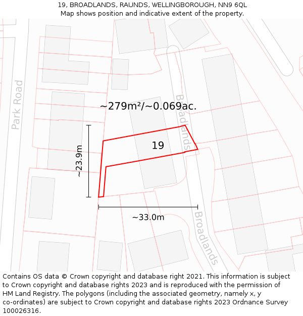 19, BROADLANDS, RAUNDS, WELLINGBOROUGH, NN9 6QL: Plot and title map