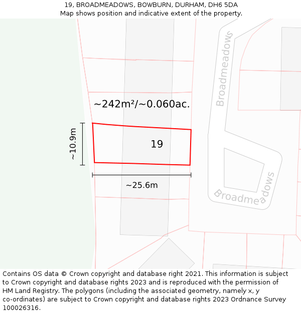 19, BROADMEADOWS, BOWBURN, DURHAM, DH6 5DA: Plot and title map