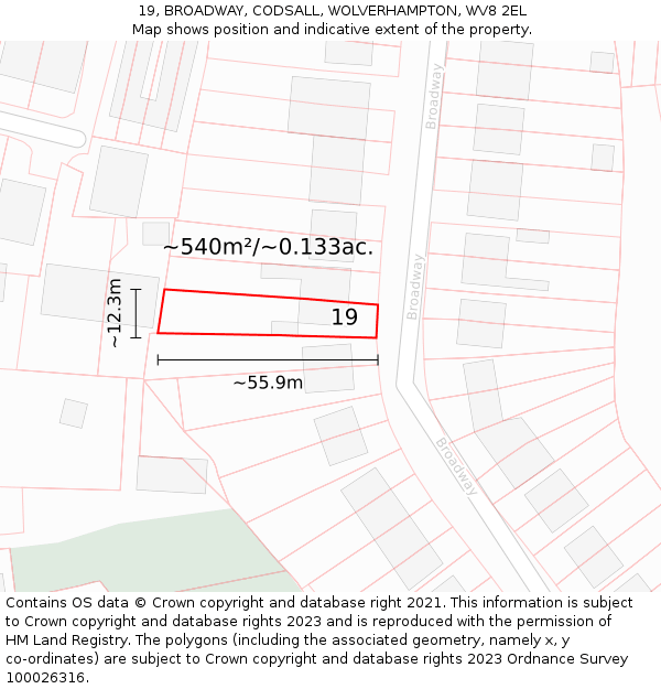 19, BROADWAY, CODSALL, WOLVERHAMPTON, WV8 2EL: Plot and title map