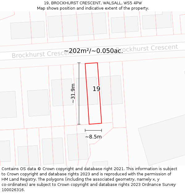 19, BROCKHURST CRESCENT, WALSALL, WS5 4PW: Plot and title map