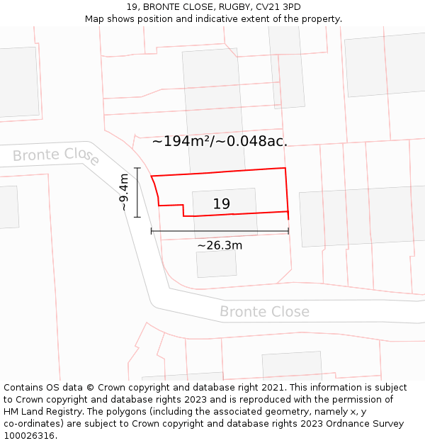 19, BRONTE CLOSE, RUGBY, CV21 3PD: Plot and title map