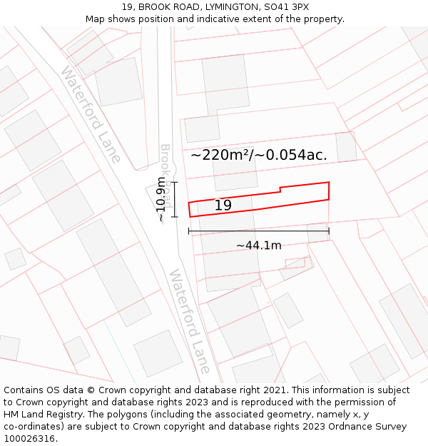 19, BROOK ROAD, LYMINGTON, SO41 3PX: Plot and title map