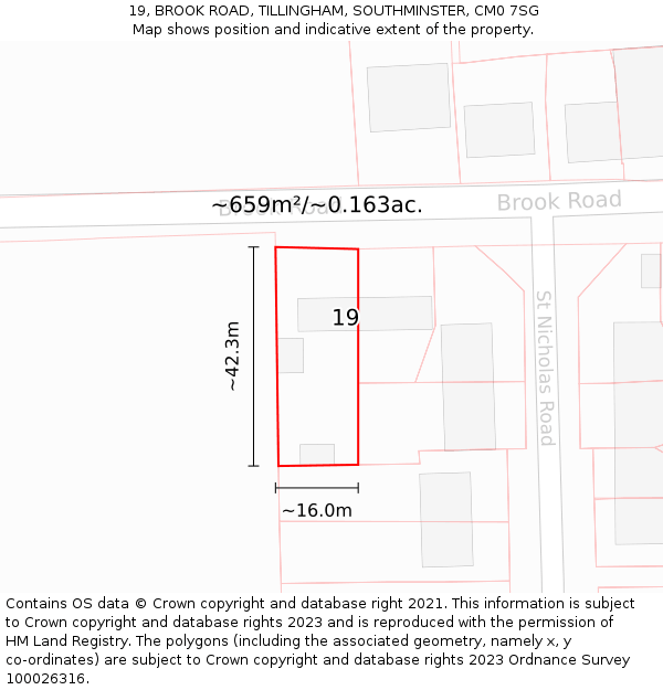 19, BROOK ROAD, TILLINGHAM, SOUTHMINSTER, CM0 7SG: Plot and title map