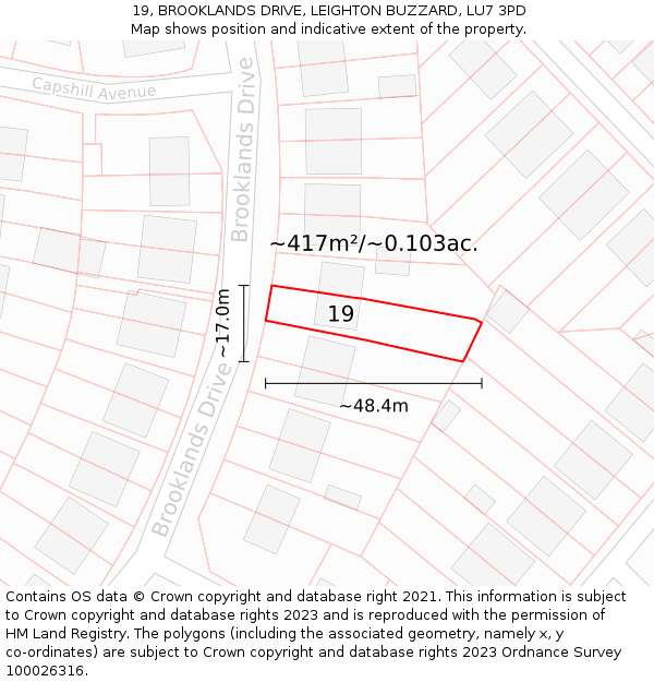 19, BROOKLANDS DRIVE, LEIGHTON BUZZARD, LU7 3PD: Plot and title map