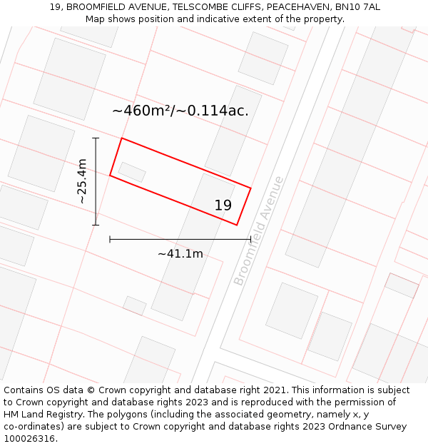 19, BROOMFIELD AVENUE, TELSCOMBE CLIFFS, PEACEHAVEN, BN10 7AL: Plot and title map