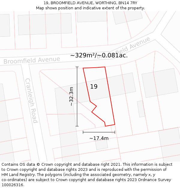19, BROOMFIELD AVENUE, WORTHING, BN14 7RY: Plot and title map