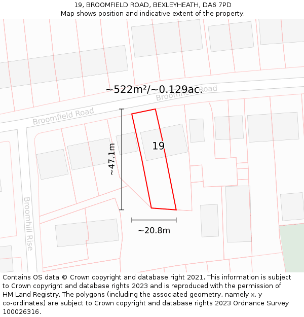 19, BROOMFIELD ROAD, BEXLEYHEATH, DA6 7PD: Plot and title map