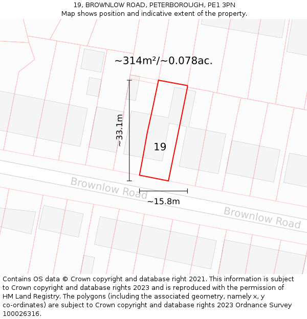 19, BROWNLOW ROAD, PETERBOROUGH, PE1 3PN: Plot and title map