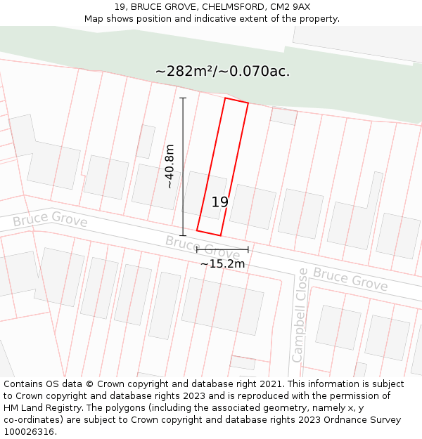 19, BRUCE GROVE, CHELMSFORD, CM2 9AX: Plot and title map
