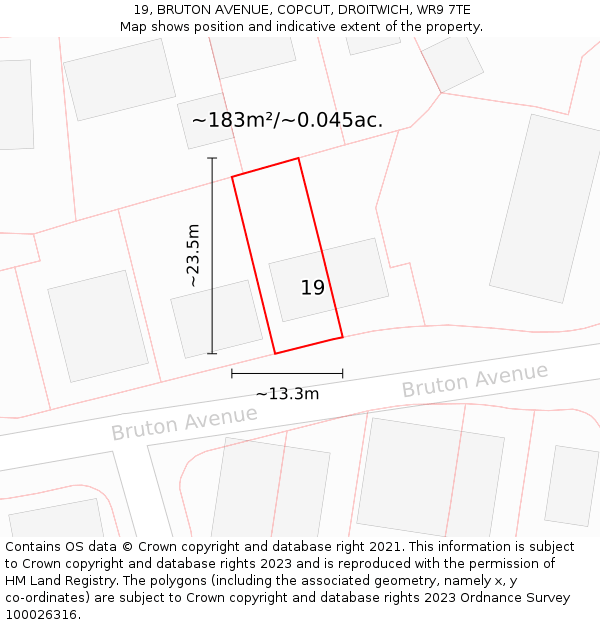 19, BRUTON AVENUE, COPCUT, DROITWICH, WR9 7TE: Plot and title map