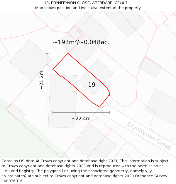 19, BRYNFFYNON CLOSE, ABERDARE, CF44 7HL: Plot and title map