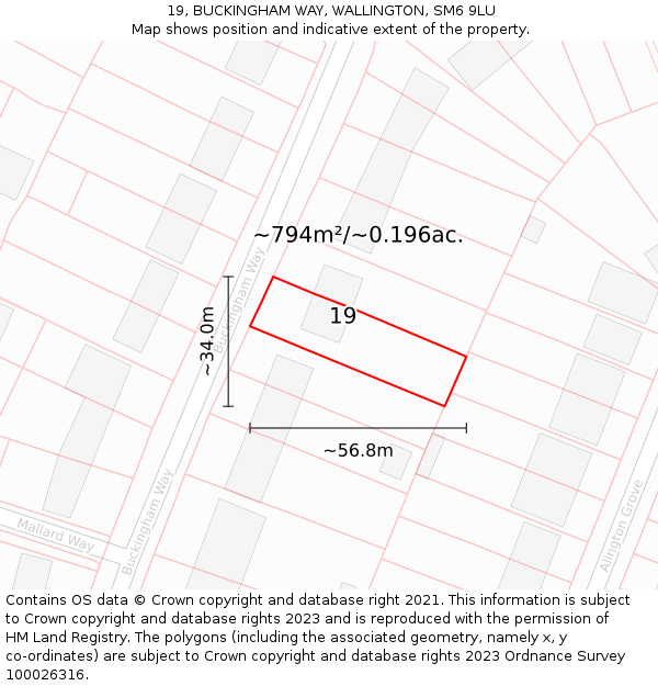 19, BUCKINGHAM WAY, WALLINGTON, SM6 9LU: Plot and title map