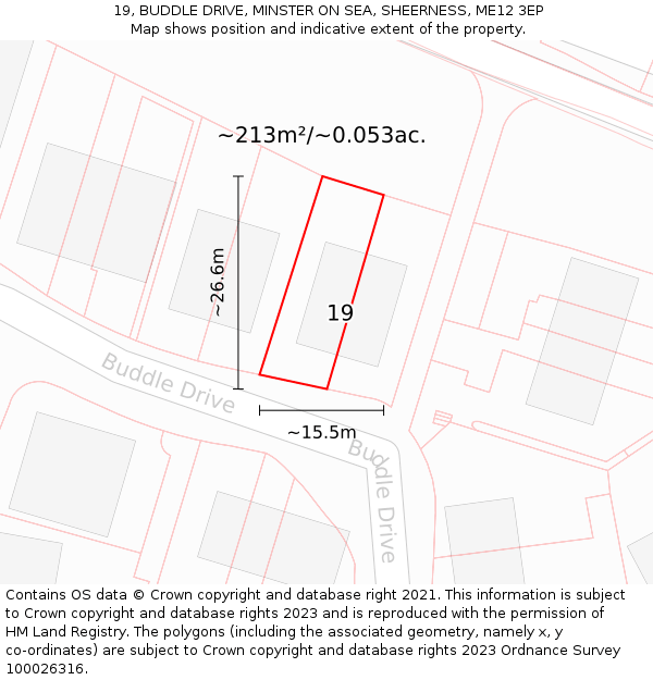 19, BUDDLE DRIVE, MINSTER ON SEA, SHEERNESS, ME12 3EP: Plot and title map