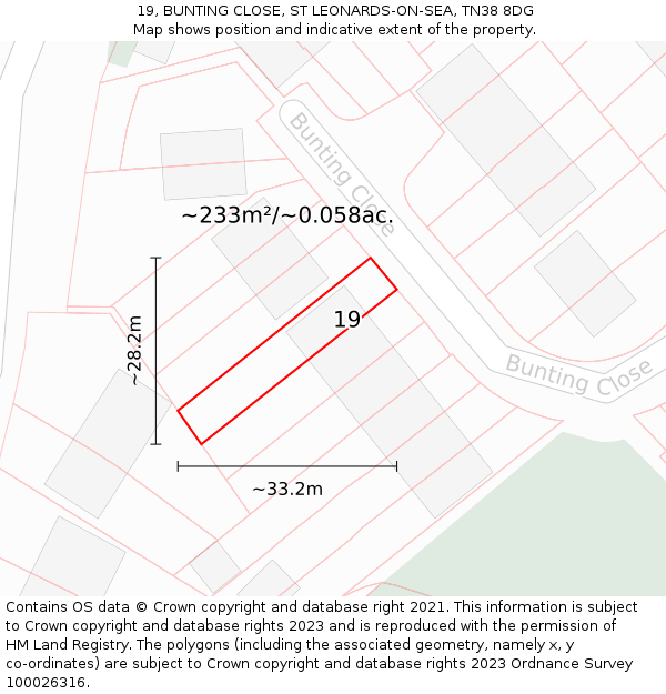 19, BUNTING CLOSE, ST LEONARDS-ON-SEA, TN38 8DG: Plot and title map