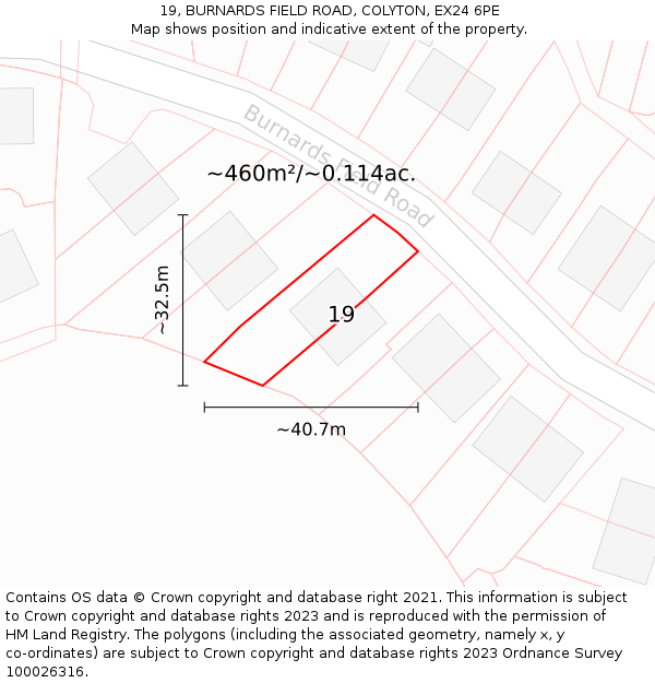 19, BURNARDS FIELD ROAD, COLYTON, EX24 6PE: Plot and title map