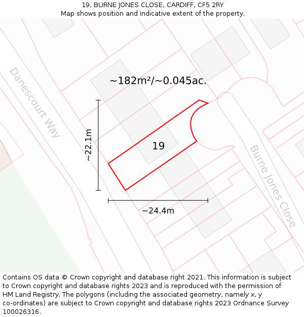 19, BURNE JONES CLOSE, CARDIFF, CF5 2RY: Plot and title map