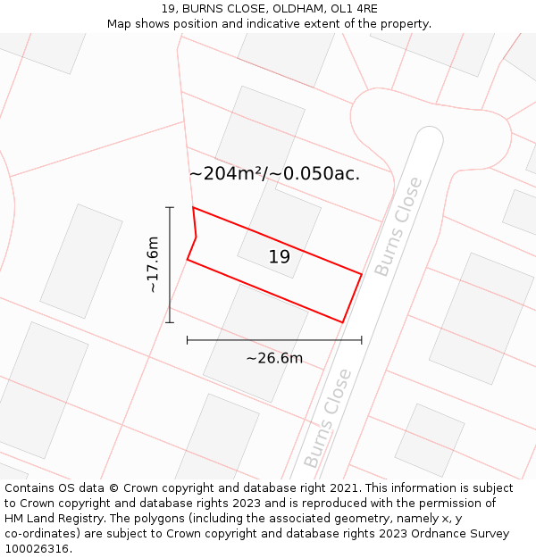 19, BURNS CLOSE, OLDHAM, OL1 4RE: Plot and title map