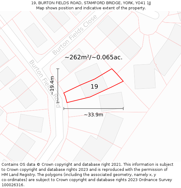19, BURTON FIELDS ROAD, STAMFORD BRIDGE, YORK, YO41 1JJ: Plot and title map