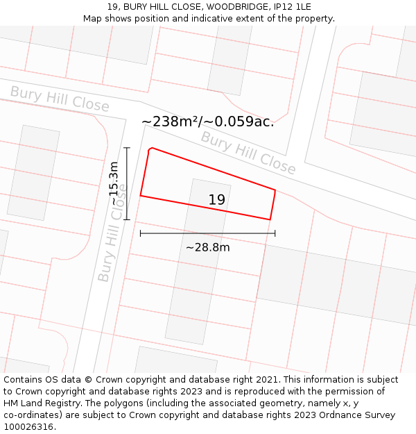 19, BURY HILL CLOSE, WOODBRIDGE, IP12 1LE: Plot and title map