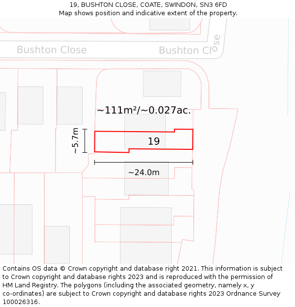 19, BUSHTON CLOSE, COATE, SWINDON, SN3 6FD: Plot and title map