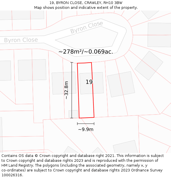 19, BYRON CLOSE, CRAWLEY, RH10 3BW: Plot and title map