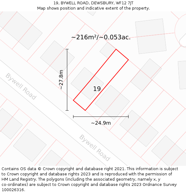 19, BYWELL ROAD, DEWSBURY, WF12 7JT: Plot and title map