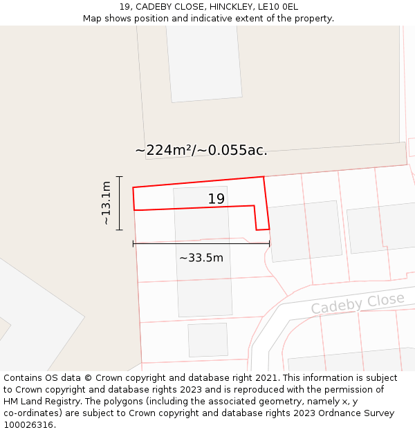 19, CADEBY CLOSE, HINCKLEY, LE10 0EL: Plot and title map