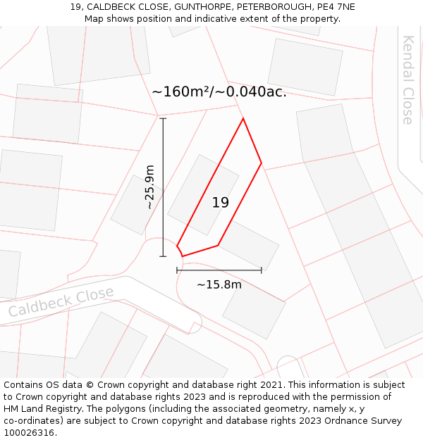 19, CALDBECK CLOSE, GUNTHORPE, PETERBOROUGH, PE4 7NE: Plot and title map