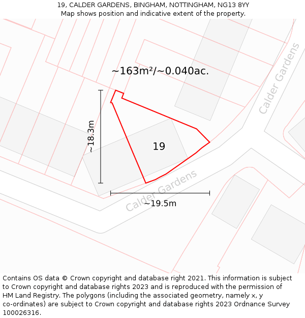 19, CALDER GARDENS, BINGHAM, NOTTINGHAM, NG13 8YY: Plot and title map