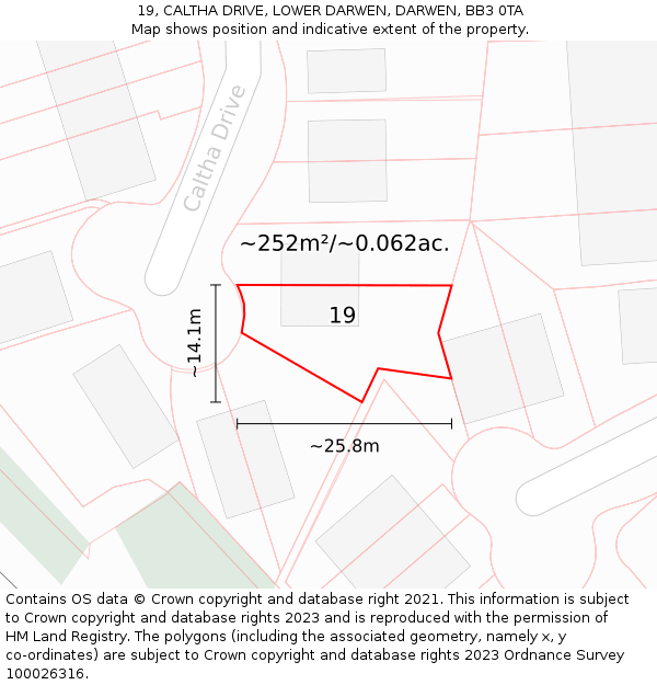 19, CALTHA DRIVE, LOWER DARWEN, DARWEN, BB3 0TA: Plot and title map