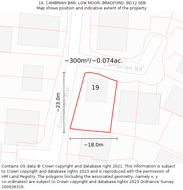 19, CAMBRIAN BAR, LOW MOOR, BRADFORD, BD12 0EB: Plot and title map