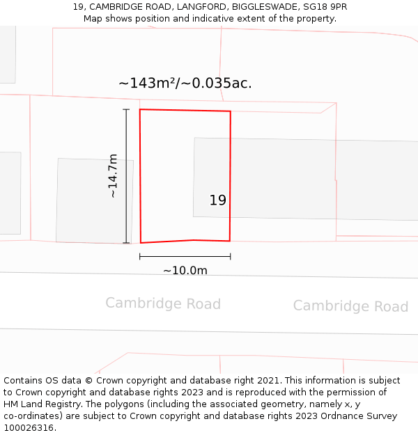 19, CAMBRIDGE ROAD, LANGFORD, BIGGLESWADE, SG18 9PR: Plot and title map