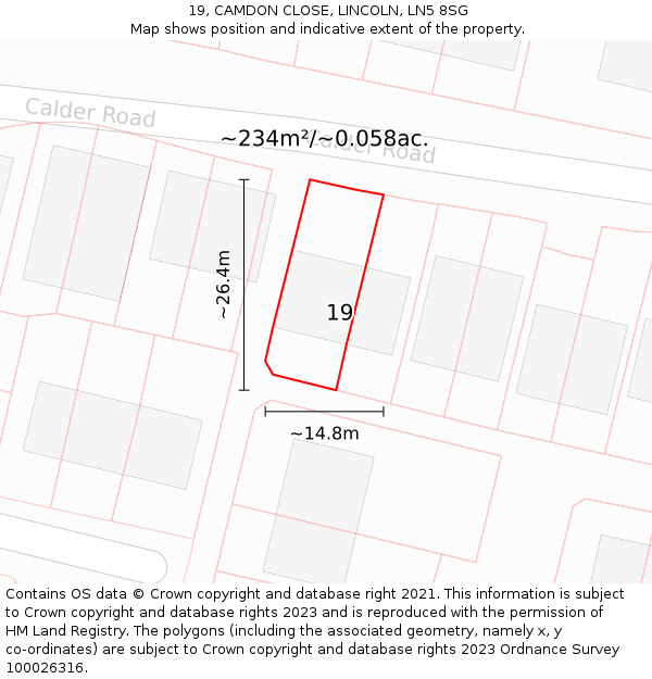 19, CAMDON CLOSE, LINCOLN, LN5 8SG: Plot and title map