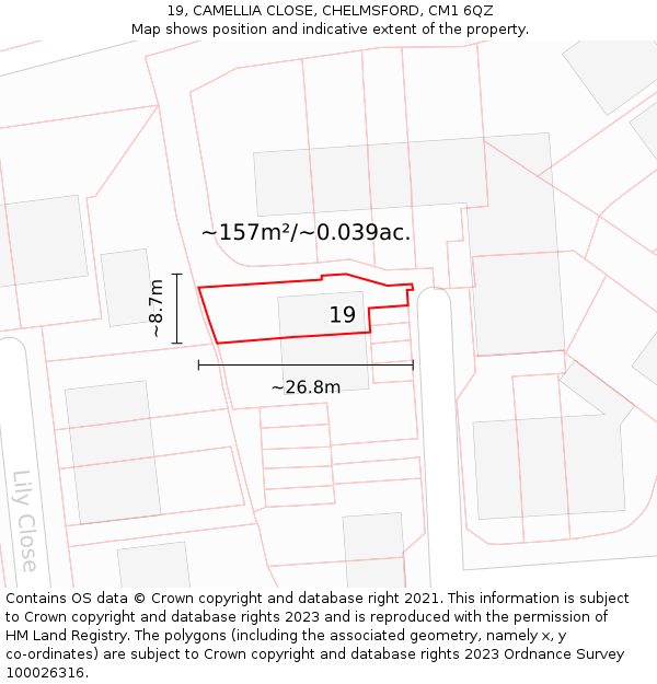 19, CAMELLIA CLOSE, CHELMSFORD, CM1 6QZ: Plot and title map