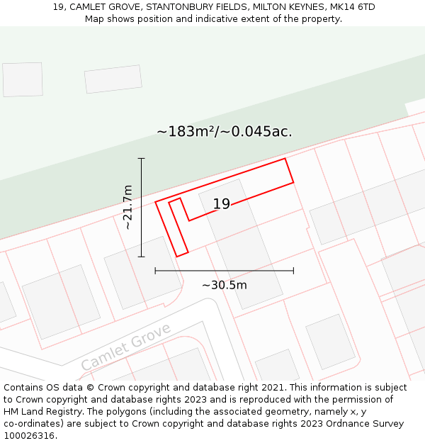 19, CAMLET GROVE, STANTONBURY FIELDS, MILTON KEYNES, MK14 6TD: Plot and title map