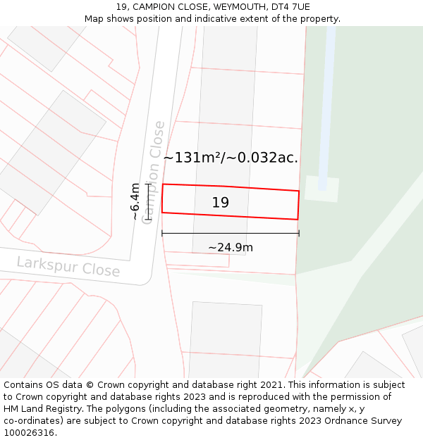 19, CAMPION CLOSE, WEYMOUTH, DT4 7UE: Plot and title map