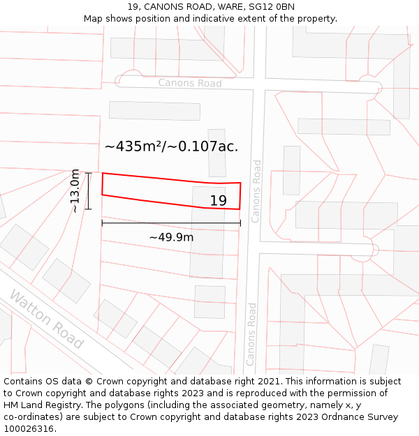 19, CANONS ROAD, WARE, SG12 0BN: Plot and title map