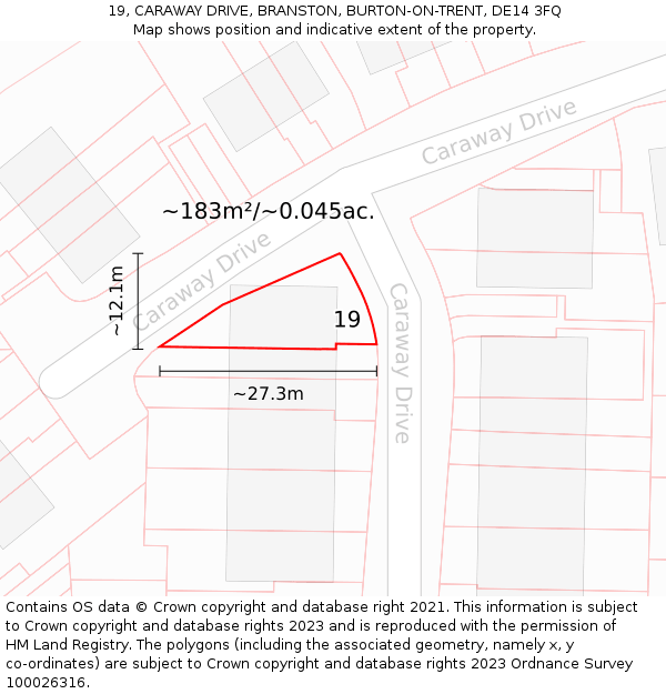 19, CARAWAY DRIVE, BRANSTON, BURTON-ON-TRENT, DE14 3FQ: Plot and title map