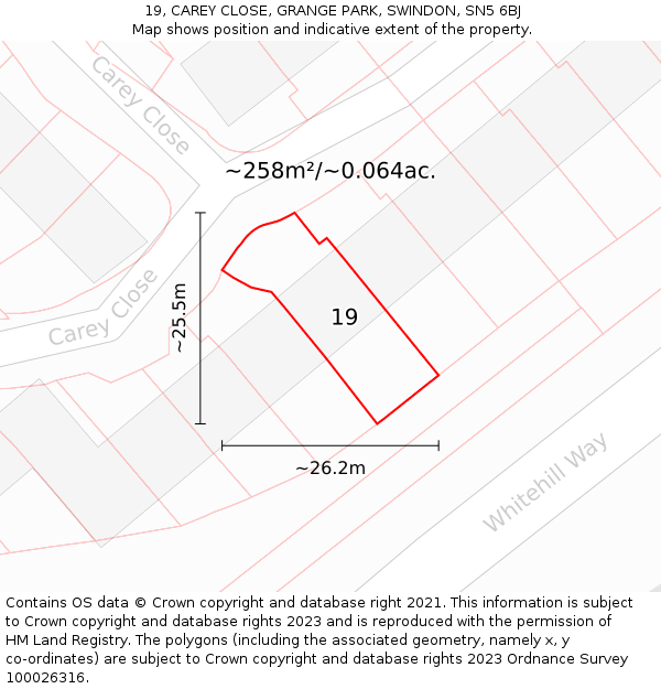 19, CAREY CLOSE, GRANGE PARK, SWINDON, SN5 6BJ: Plot and title map