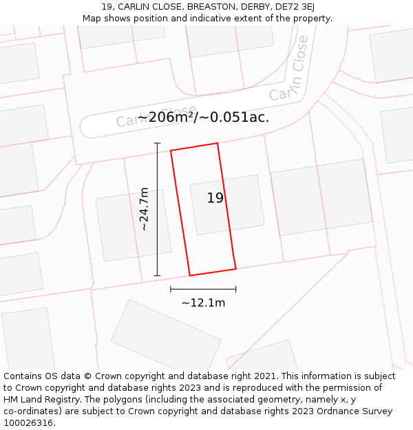 19, CARLIN CLOSE, BREASTON, DERBY, DE72 3EJ: Plot and title map