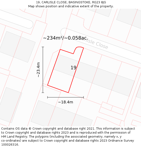 19, CARLISLE CLOSE, BASINGSTOKE, RG23 8JG: Plot and title map
