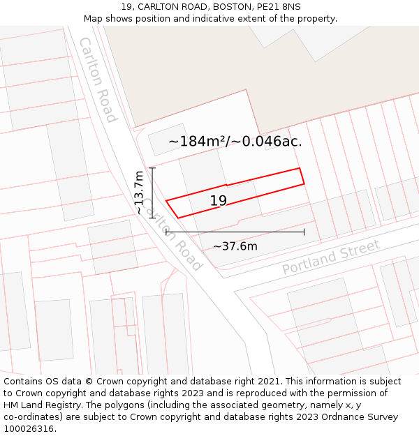 19, CARLTON ROAD, BOSTON, PE21 8NS: Plot and title map