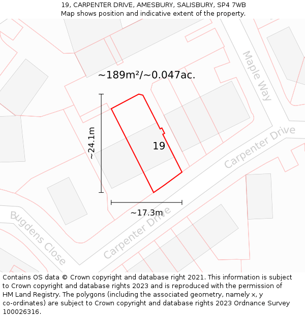 19, CARPENTER DRIVE, AMESBURY, SALISBURY, SP4 7WB: Plot and title map
