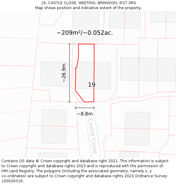 19, CASTLE CLOSE, WEETING, BRANDON, IP27 0RG: Plot and title map