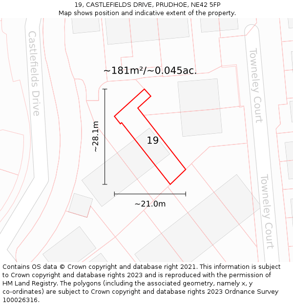 19, CASTLEFIELDS DRIVE, PRUDHOE, NE42 5FP: Plot and title map